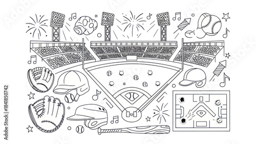 Baseball stadium illustration with sports equipment and celebration elements