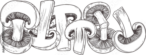 Detailed black and white line of mushrooms caps stems