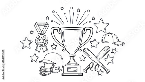 Baseball trophy and equipment illustration winning concept line art design