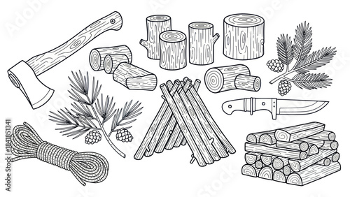 Black and white camping essentials vector illustration isolated on white