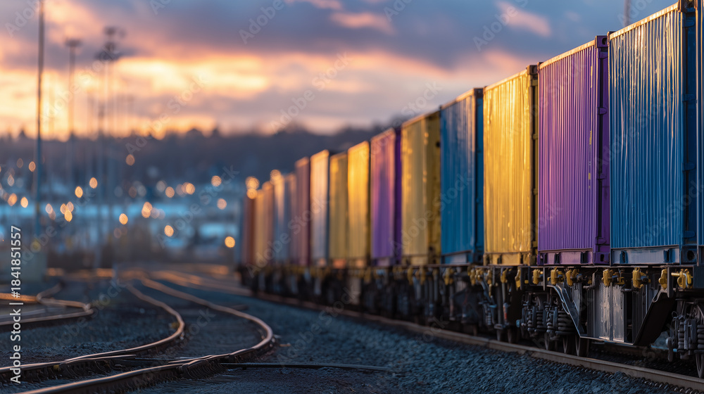 Obraz premium Macro-like close-up of freight train wagons with vivid containers, sunset casting warm highlights and shadows across surfaces, industrial tracks stretching into distance