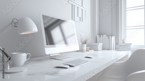Workspace with computer, desk lamp, and coffee cup during daylight in a simple room setting. Cloud Dancer Pantone color of the year 2026