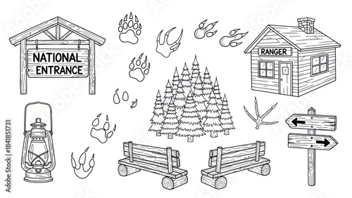 Black and white vector illustration of park elements and wildlife footprints