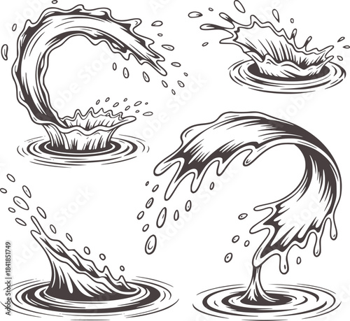 Monochrome hand drawn water splash in four styles black