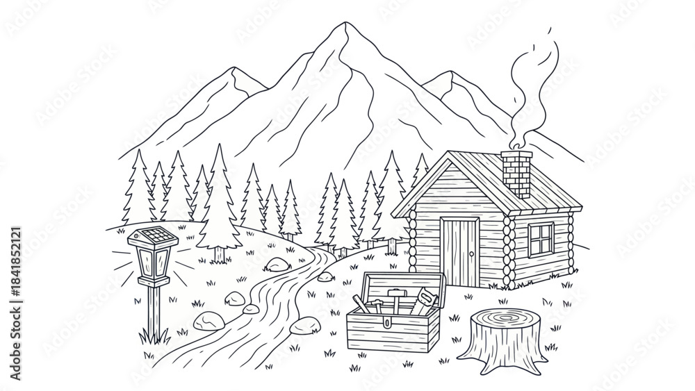 Fototapeta premium Cabin in mountain landscape illustration peaceful scene with nature elements