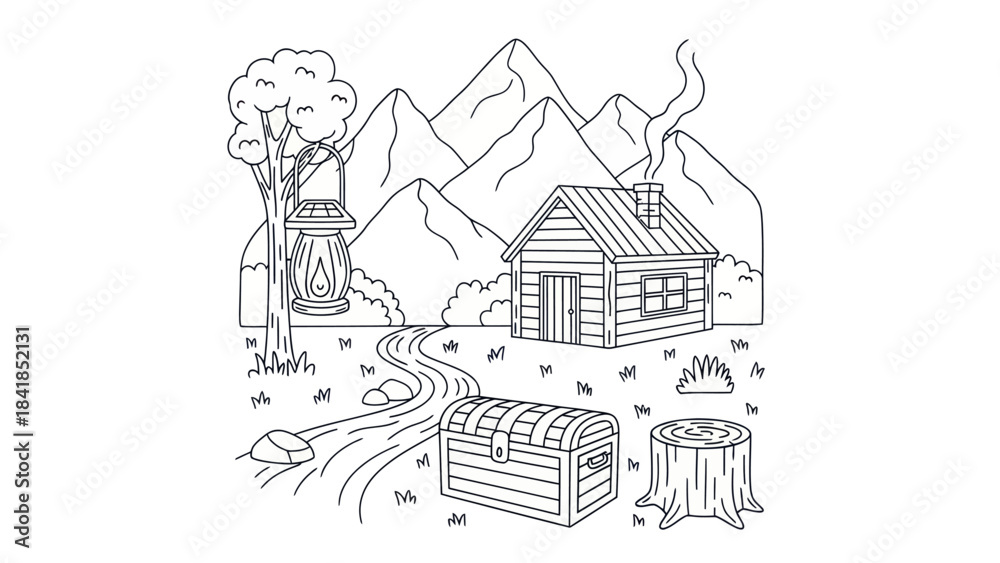 Fototapeta premium Cabin in mountain landscape with forest path tree and chest illustration