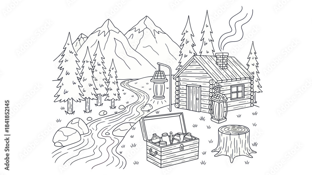 Naklejka premium Cabin in mountains illustration with river and trees outline vector