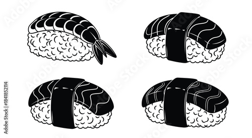 Black and white illustration of four pieces of sushi with shrimp