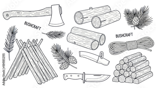 Bushcraft essentials axe knife logs and shelter elements vector illustration