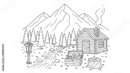 Cabin in mountain landscape illustration peaceful scene with nature elements