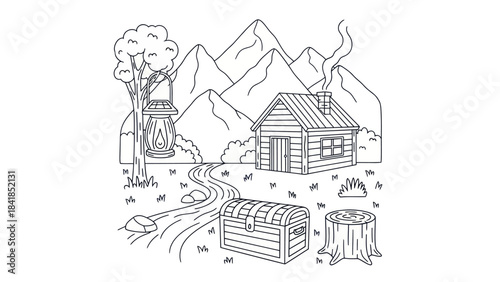 Cabin in mountain landscape with forest path tree and chest illustration