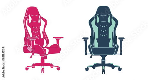 Two modern gaming chairs in silhouette one pink and one teal