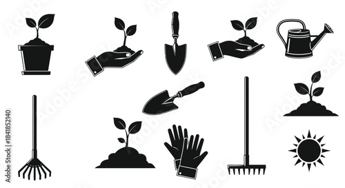 Gardening tools plants and sunlight a collection of monochrome icons