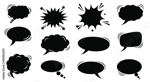 Collection of various black comic speech bubbles and explosion effects