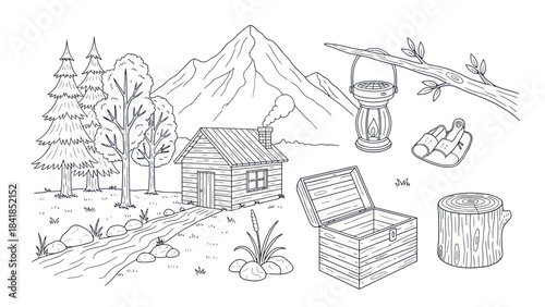 Cabin in mountain landscape with decorative elements in line art style