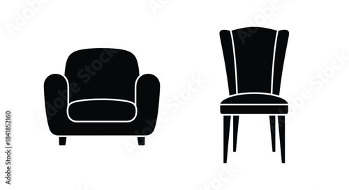 Simple black silhouettes depicting a comfortable armchair and a formal dining chair