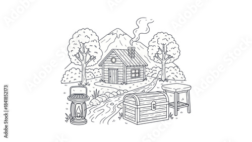 Cabin in nature illustration with trees mountains and river in black and white