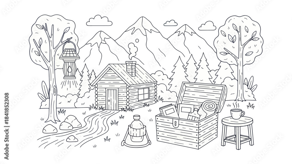Obraz premium Cabin in the mountains with camping gear black and white illustration