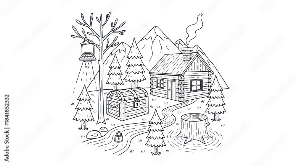 Fototapeta premium Cabin in the mountains with treasure chest and pine trees vector illustration