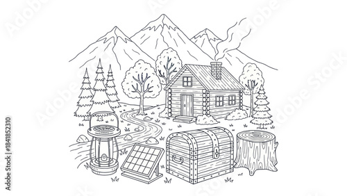 Cabin in the mountains with solar panel lantern and wooden chest