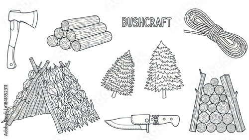 Bushcraft tools and camp essentials vector illustration black and white