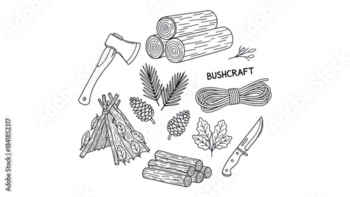 Bushcraft tools and nature elements vector illustration for outdoor recreation