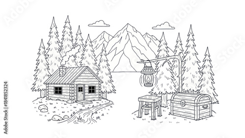 Cabin in the mountains with trees and a lantern in a black and white illustration