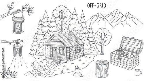 Cabin in the woods illustration depicting off grid living and nature elements