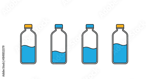 Four transparent plastic bottles with varying levels of blue liquid