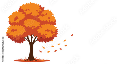 A vibrant autumn tree with falling leaves on a white background