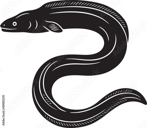 Eel fish silhouette vector illustration. elongated aquatic creature with a smooth body, capturing a traditional woodcut graphic style.