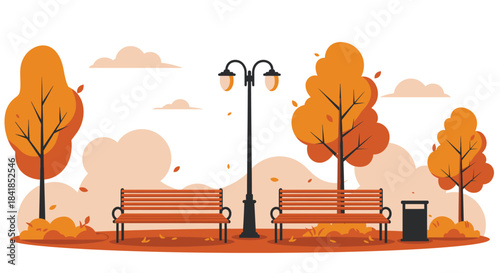 Autumn park scene with benches lamp post and colorful trees