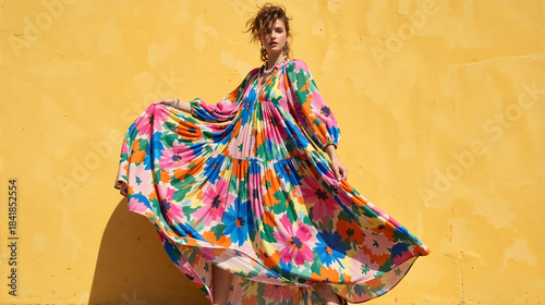 Model Wearing a Voluminous Maxi Dress with a Colorful Abstract Floral Print