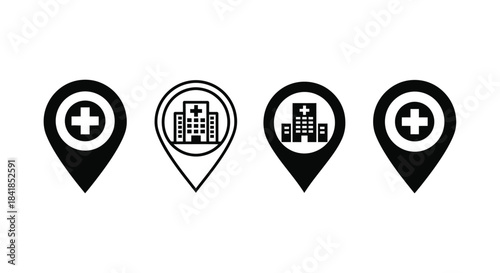 Four black hospital location icons with different building representations