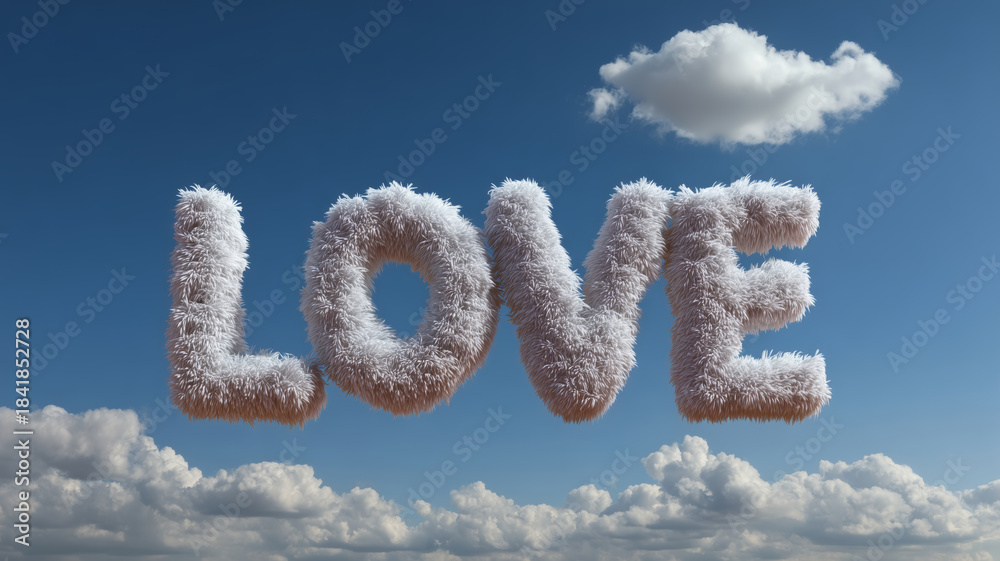 Naklejka premium Clouds form the word love in a bright blue sky above a peaceful landscape