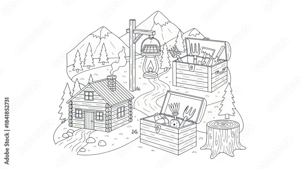 Fototapeta premium Cabin scene with lantern chests and mountain scenery monochrome vector