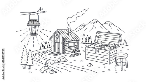 Cabin scene illustration with mountains path and lantern in outline style