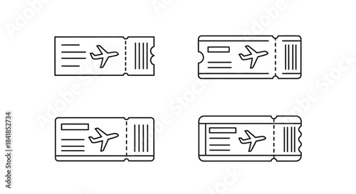 Four simple line art illustrations of airplane tickets travel or boarding pass