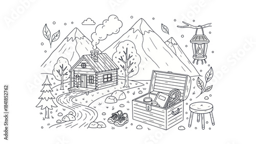 Cabin scene with mountains and treasure chest illustration for adventure theme
