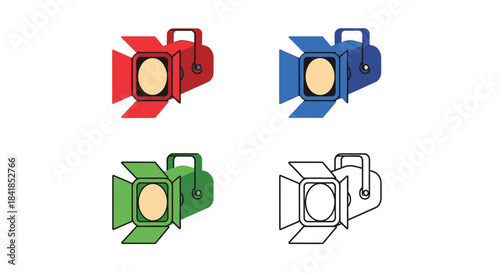 Four spotlight icons in different colors and a line art version
