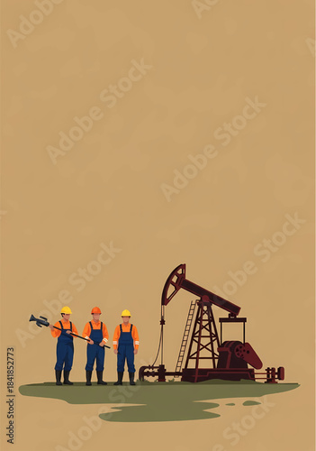 Low-angle view illustration of three oil workers in overalls and hard hats near an oil pumpjack on a patch of grass against a tan background.