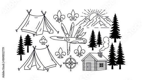 Camping adventure black and white vector illustration with tents nature elements