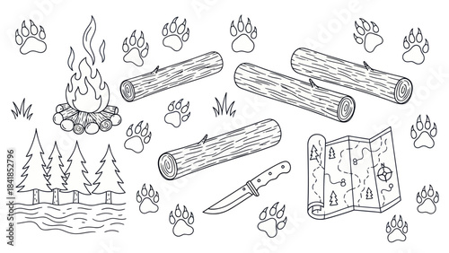 Camping adventure campfire logs map paw prints and forest elements