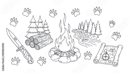 Camping adventure illustration featuring campfire trees knife map paw prints