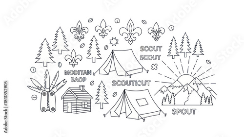 Camping adventure illustration featuring tent trees and outdoor elements