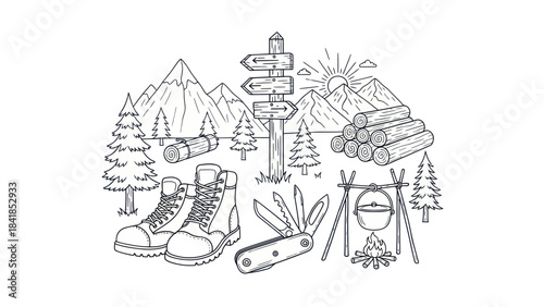 Camping adventure illustration outdoors equipment and nature elements