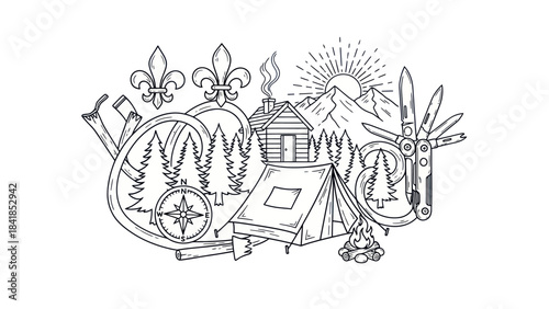Camping adventure illustration tent cabin nature compass and tools