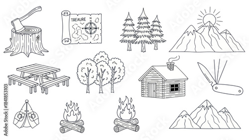 Camping and adventure elements in black and white line art illustration