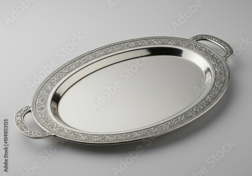 Elegant empty silver metal salver with intricate decorative rim detail, used for serving food or displaying items on a surface, formal, isolated, object