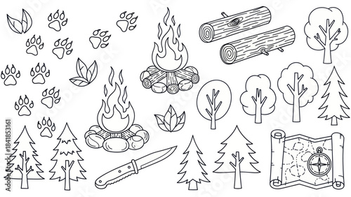Camping and adventure themed elements set in black and white outline